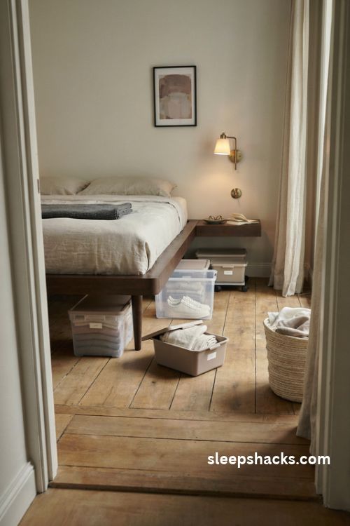 Under bed storage bins on wheels for a small men's bedroom with dark wood furniture and organized clothing