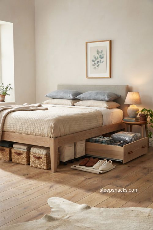 Under bed storage ideas with rolling bins drawers and extra bedding