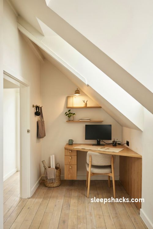 Under stair home office ideas with a custom wooden desk and cozy light neutral decor
