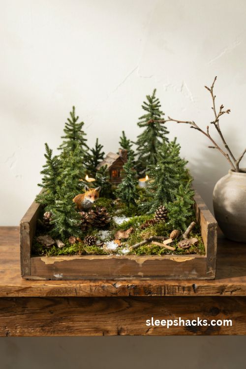Upcycled wooden drawer woodland diorama with mossy ground, miniature cabin, tiny fox, and glowing lights