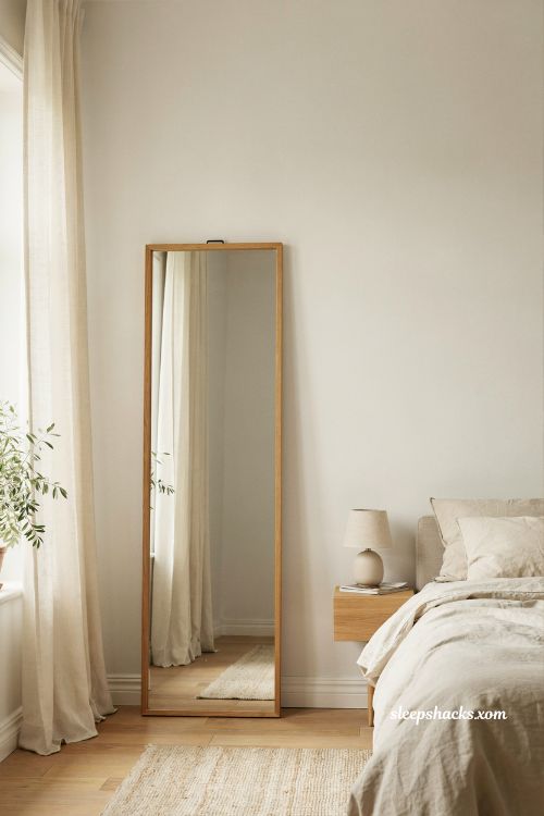 Upholstered bedroom wall panel headboard in creamy oatmeal bouclé with cozy neutral bedding
