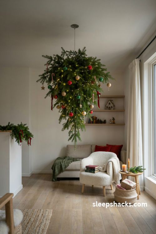 Upside down Christmas tree decor idea with warm fairy lights lightweight ornaments and whimsical small living room styling
