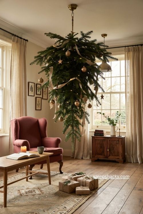 Upside down hanging christmas tree with vintage ornaments and cozy playful holiday decor 