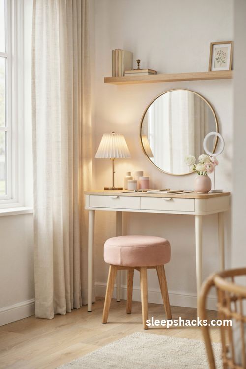 Vanity style desk in a feminine home office with a round brass mirror, white desk with drawers, blush pink cushioned stool, elegant decor, and soft natural light