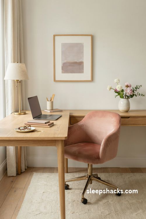 Velvet desk chair in a feminine home office with a blush pink upholstered seat, natural oak desk, elegant neutral decor, and warm natural light
