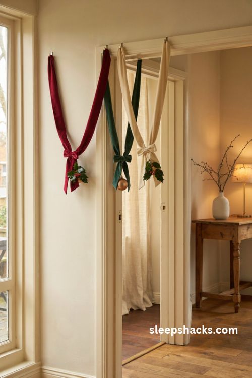 Velvet ribbon Christmas arch with red green and cream swags and delicate holiday bows