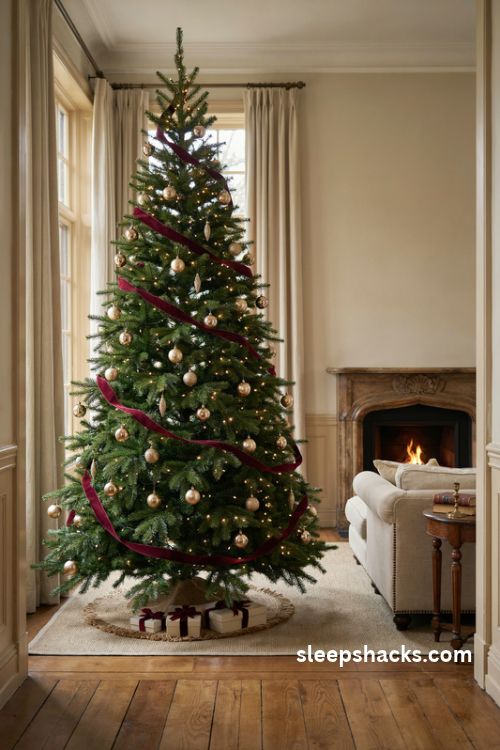 Velvet ribbon cascade christmas tree with burgundy bows gold ornaments and lush evergreen branches