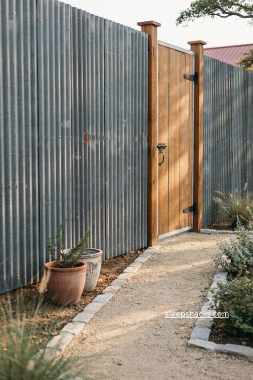 Vertical corrugated metal fence with white trim and wood gate farmhouse style