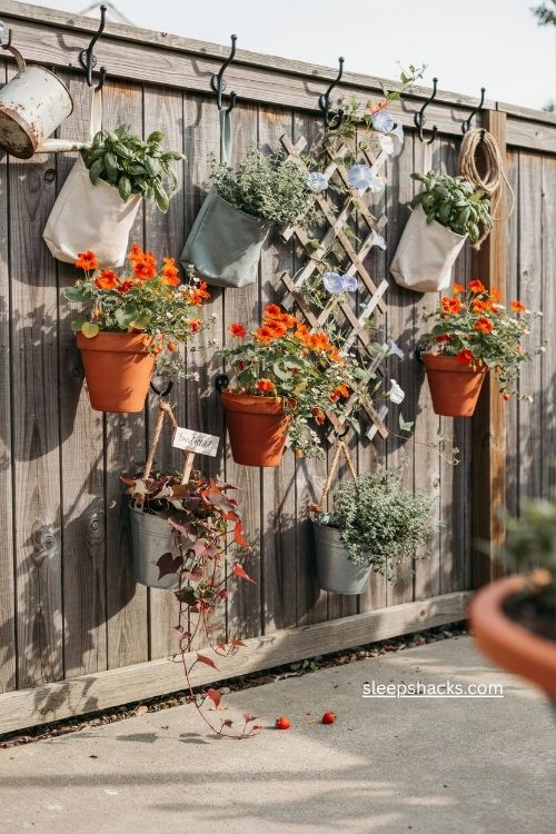 Vertical fence garden with hanging planters herbs strawberries and trellis