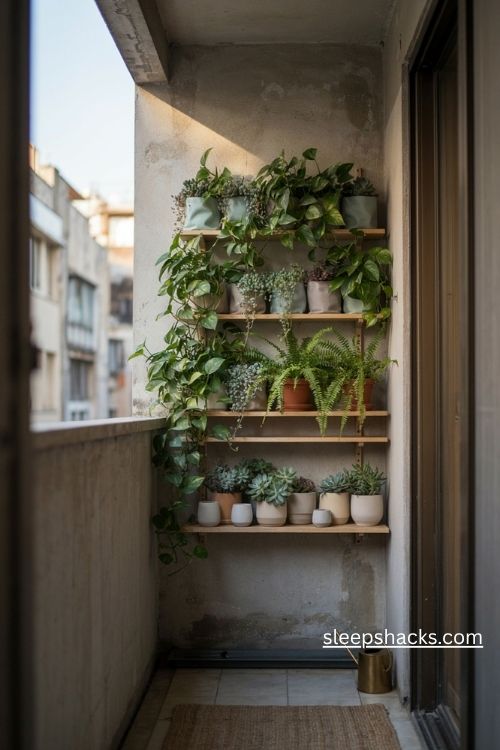 Vertical plant wall ideas for a small flat balcony with trailing pothos ferns and space saving planters