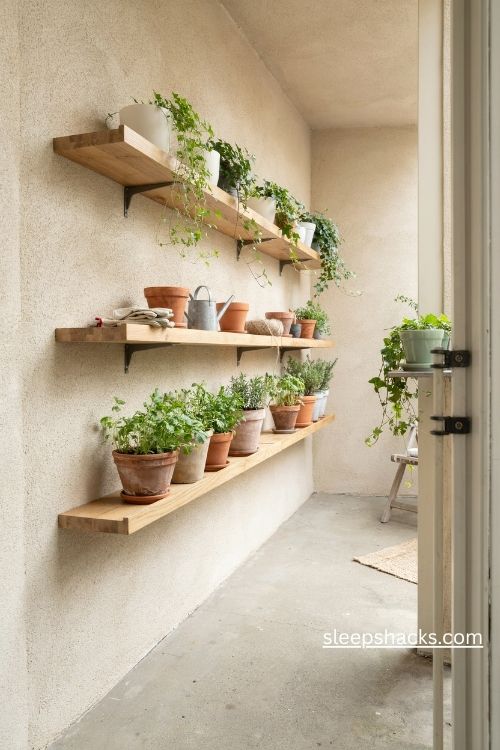 Vertical wall shelving ideas for a small balcony with wooden shelves and potted plants
