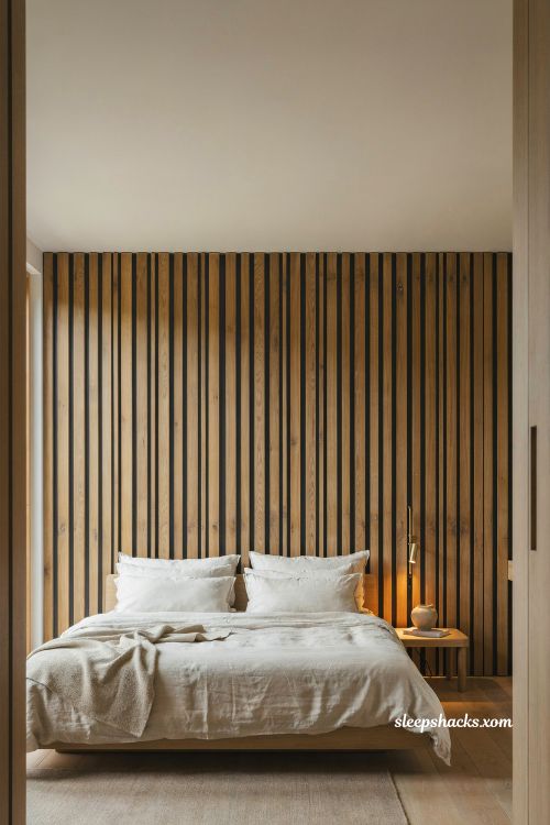 Vertical wood slat bedroom wall ideas with natural oak panels and cozy neutral bedding 