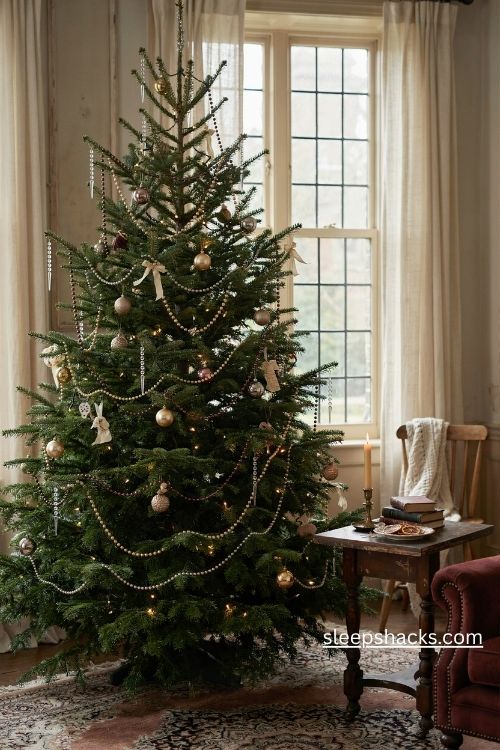 Victorian Christmas tree with silver tinsel icicles and draped glass bead garlands in antique gold silver and deep red