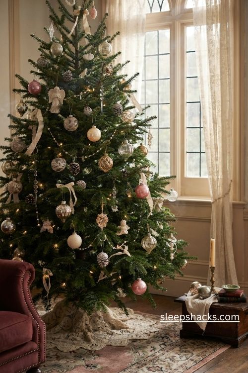 Victorian christmas ornaments with antique silver glass baubles and vintage gold heirloom decorations on a nostalgic Christmas tree