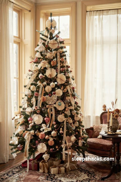 Victorian christmas tree with ivory lace ribbons paper fans and antique gold ornaments