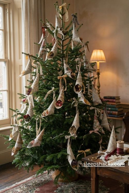 Victorian paper cornucopia and Christmas cone ornaments made from vintage sheet music lace paper and faded ribbons