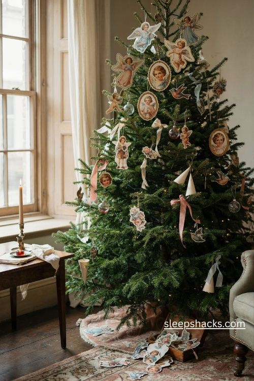 Victorian scrap angel and cherub Christmas ornaments with rosy vintage paper faces and delicate gold borders on a Christmas tree