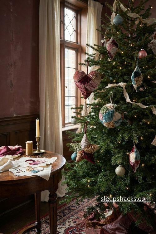 Victorian silk and bead crazy quilt Christmas ornaments with burgundy velvet teal patchwork embroidery and golden tassels