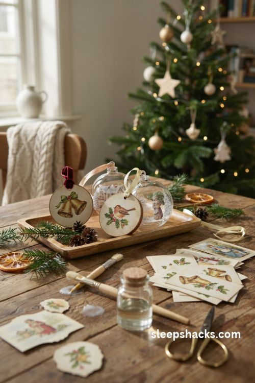 Vintage Christmas card decoupage ornaments with wooden discs glass baubles velvet ribbons and nostalgic holiday illustrations