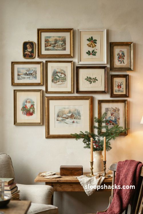 Vintage Christmas card gallery wall with antique gold frames white mats and nostalgic holiday artwork above a wooden console