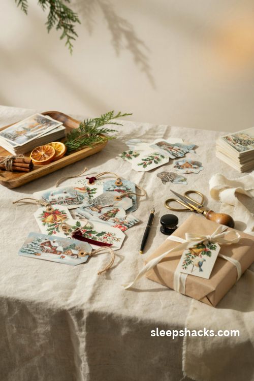 Vintage Christmas card gift tags with snowy cottage illustrations twine wrapped kraft paper presents and handmade holiday details