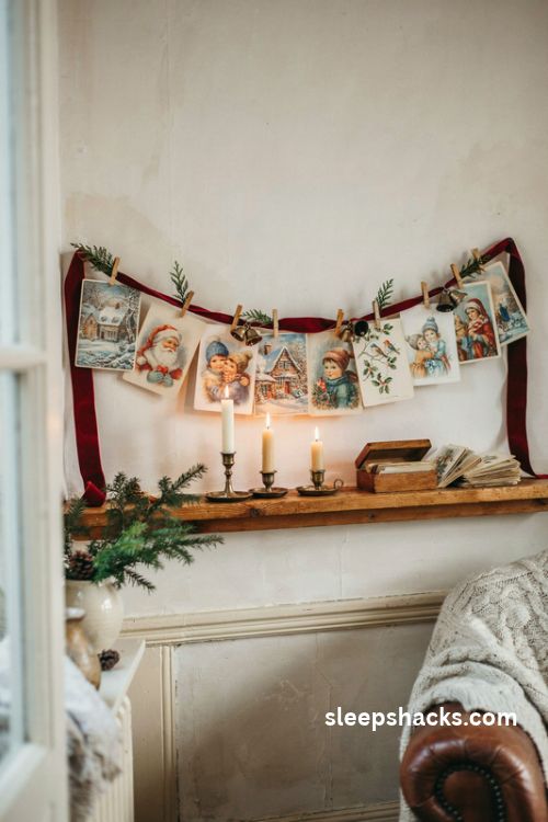 Vintage Christmas card ribbon garland with wooden clothespins velvet ribbon and nostalgic holiday mantel decor