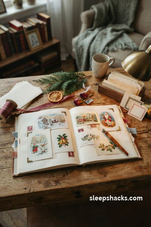 Vintage Christmas card scrapbook ideas with archival photo corners antique stamps dried flowers and nostalgic holiday keepsakes