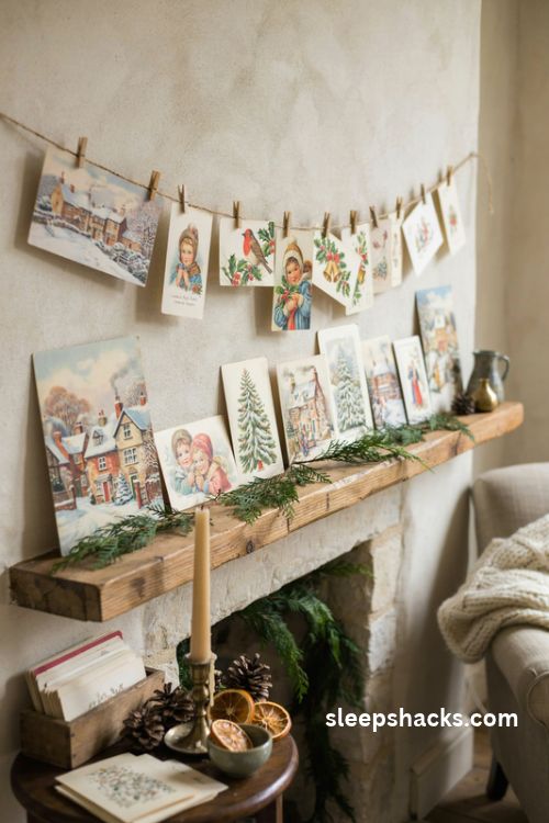 Vintage Christmas cards decorating a cozy mantel with nostalgic holiday illustrations aged paper and rustic evergreen garland