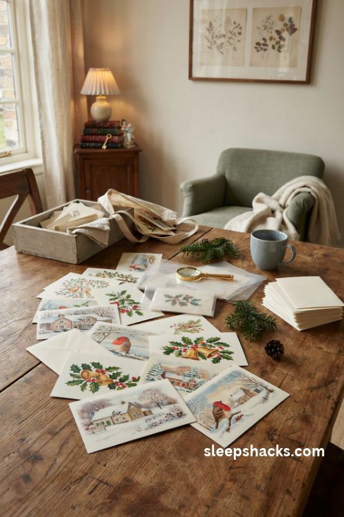 Vintage Christmas cards flea market finds with antique holiday illustrations aged envelopes and nostalgic paper treasures