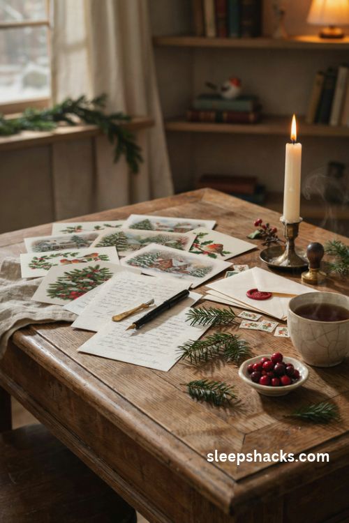 Vintage Christmas greeting cards with envelopes wax seals and cozy holiday writing desk decor