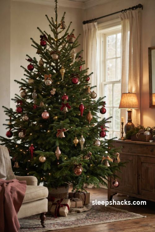 Vintage Christmas tree with brick red glass ornaments smoky brown mercury glass and brass bells with mocha ribbon