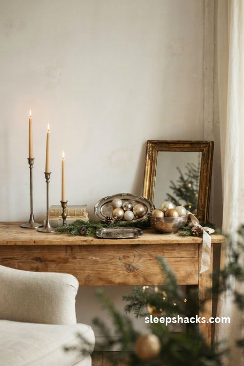 Vintage French country Christmas decor with tarnished silver platter antique gilded frame old books and aged silver and gold ornaments
