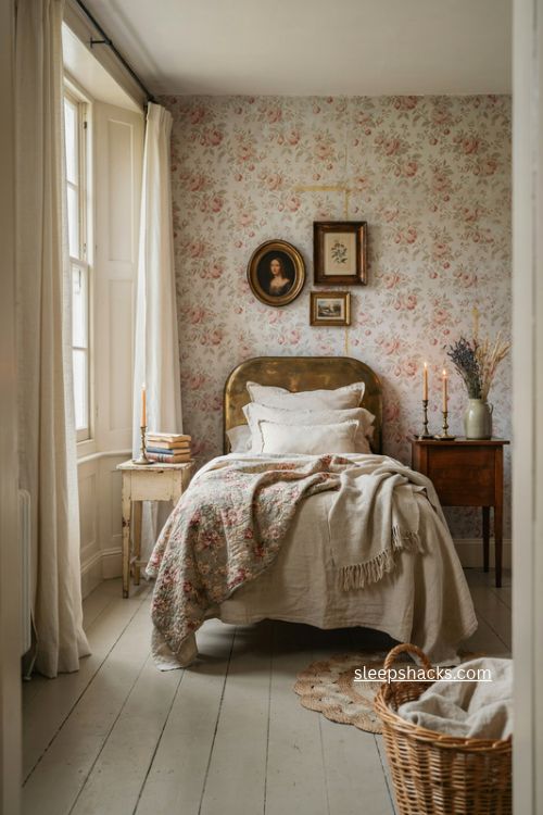 Vintage bedroom ideas with floral walls brass bed and cozy antique details
