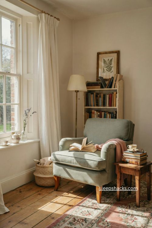 Vintage bedroom reading nook with cozy armchair books and warm afternoon light