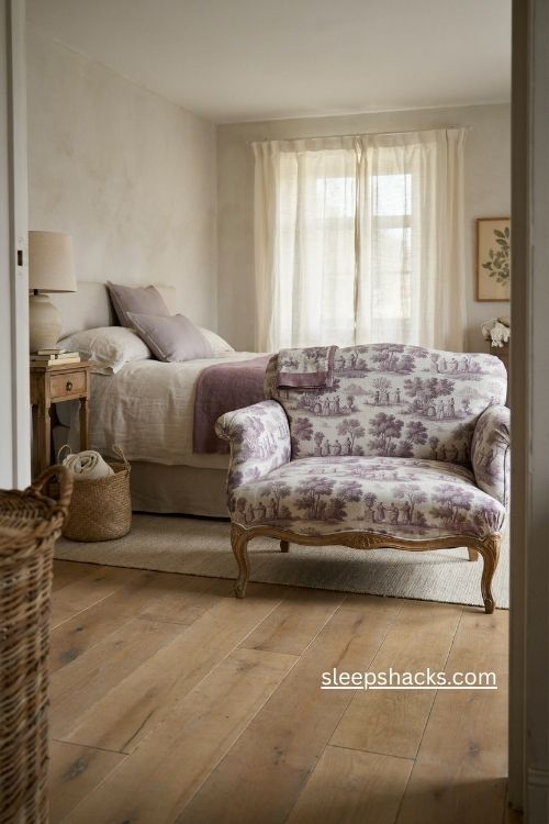 Vintage bedroom with custom purple toile settee and timeless cream decor