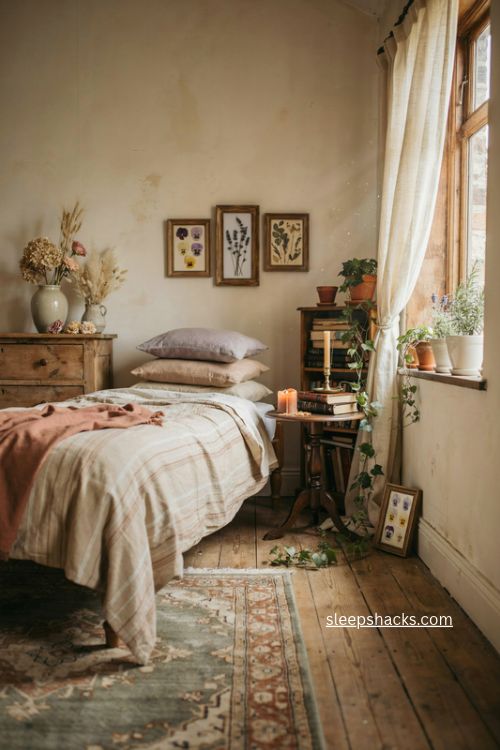 Vintage bedroom with dried flowers trailing plants pressed botanicals and cozy cottage details