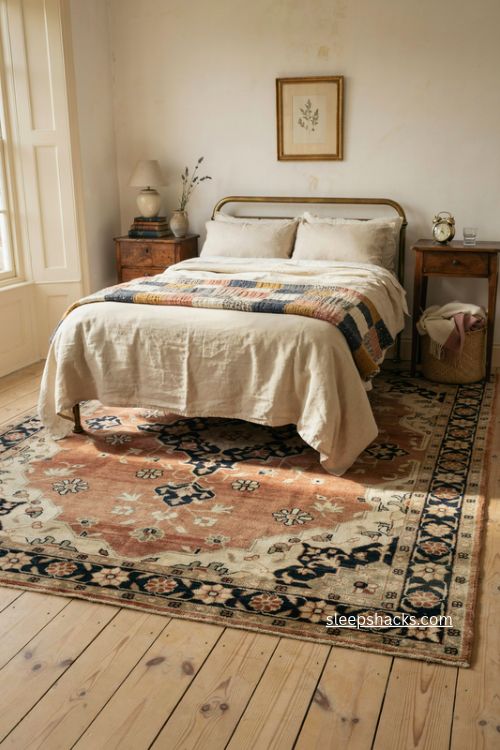 Vintage bedroom with faded Persian style rug brass bed and cozy layered bedding