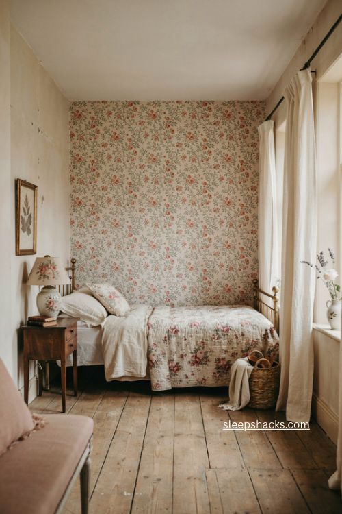 Vintage bedroom with faded floral wallpaper behind the bed and cozy cottage details