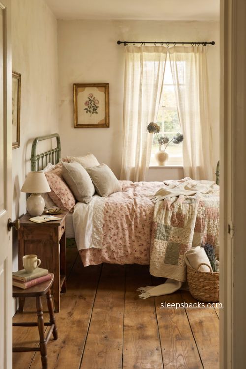 Vintage bedroom with floral bedding lace edged pillows and cozy layered quilts