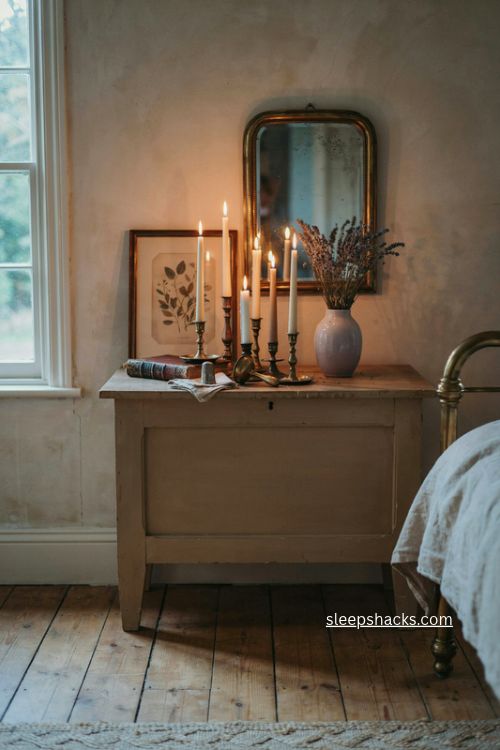 Vintage bedroom with ornate candle holders antique mirror and warm cozy lighting