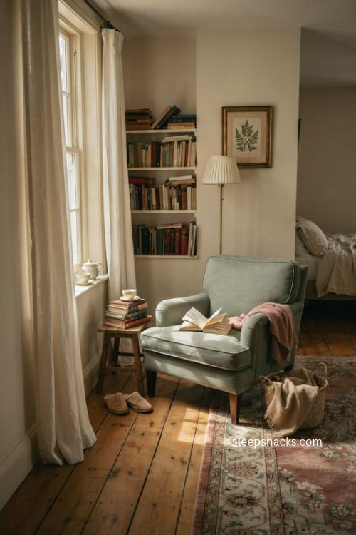Vintage bedroom with warm bedside lamps fairy lights and cozy evening lighting