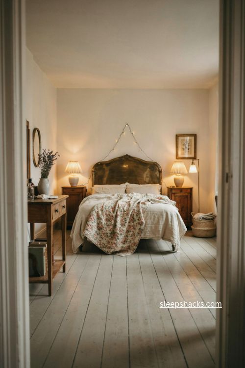 Vintage bedroom with warm bedside lamps fairy lights and cozy evening lighting