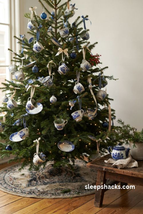 Vintage blue and white teacup and saucer Christmas tree ornaments with chinoiserie patterns