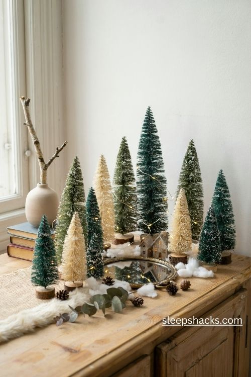 Vintage bottle brush christmas trees on wooden bases with a miniature snowy village display 