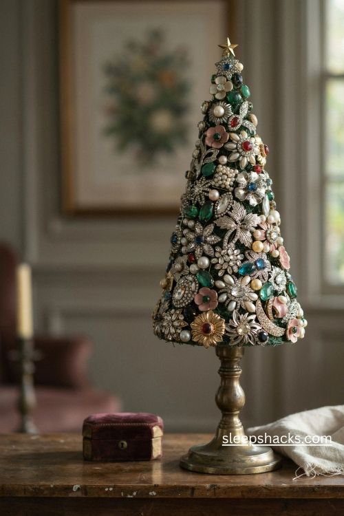 Vintage brooch Christmas tree on a foam cone with antique gold pins pearls and colorful rhinestones