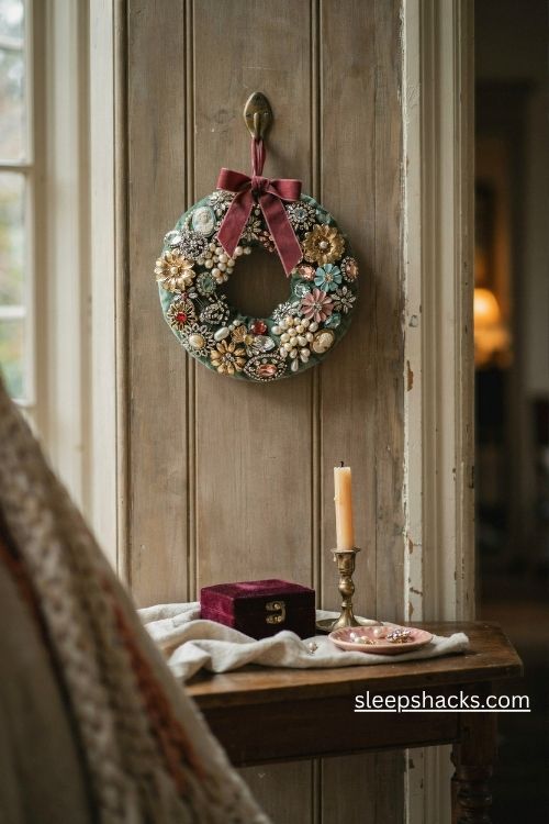 Vintage brooch wreath with antique gold pins pearls rhinestones and a burgundy velvet bow