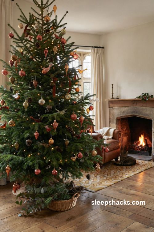 Vintage brown glass ornaments on a green christmas tree