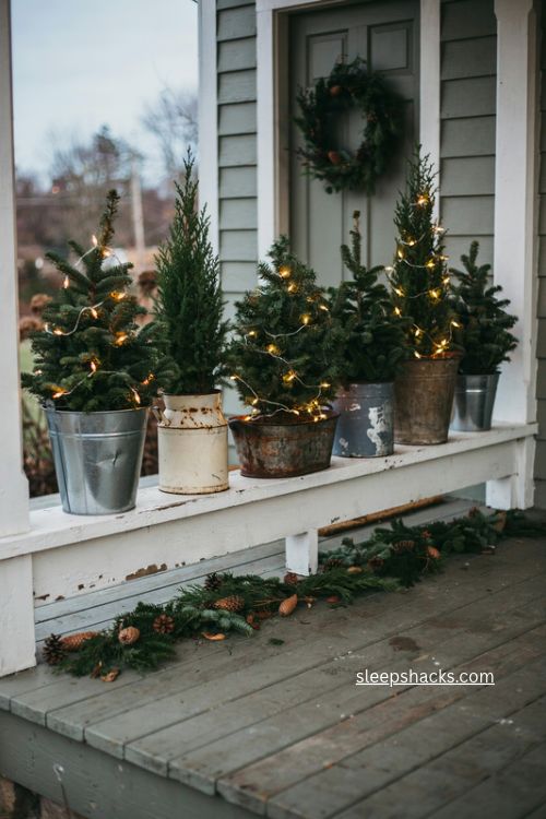 Vintage bucket christmas trees with evergreen shrubs on a farmhouse porch