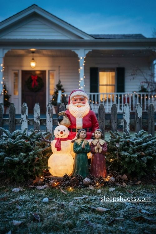 Vintage christmas blow mold santa snowman and choir figures glowing in a cozy front yard