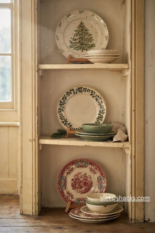 Vintage christmas china displayed on plate stands with holly patterns red transferware and festive ceramic bowls